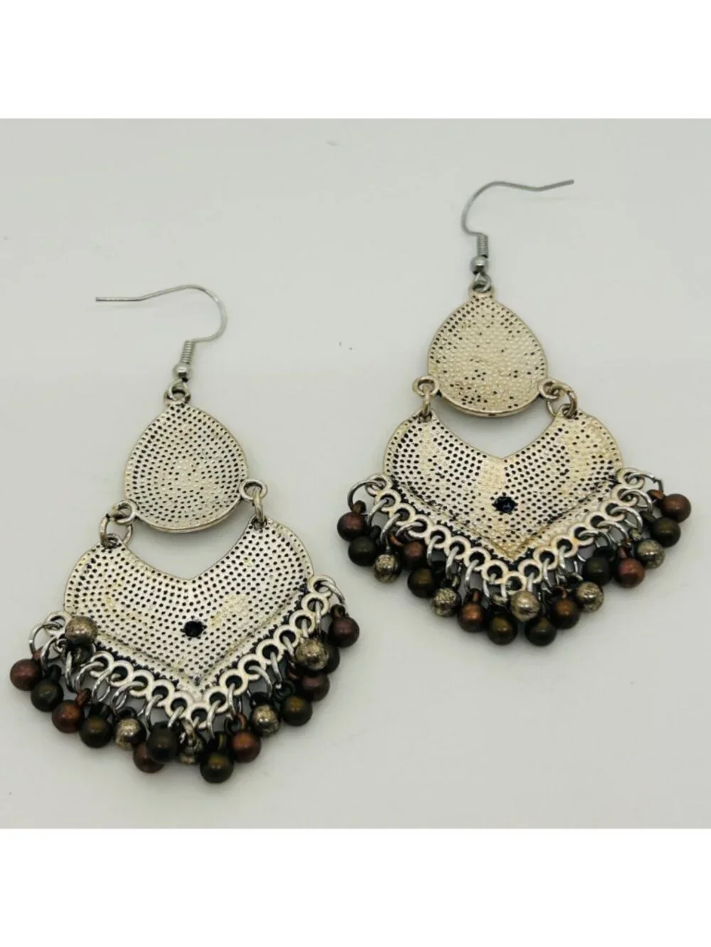 Boho Silver Chandelier Earrings Dangle Fringe Ethnic Beaded Statement Gypsy Drop